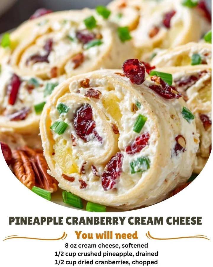 Pineapple cranberry cream cheese party pinwheels on a serving platter