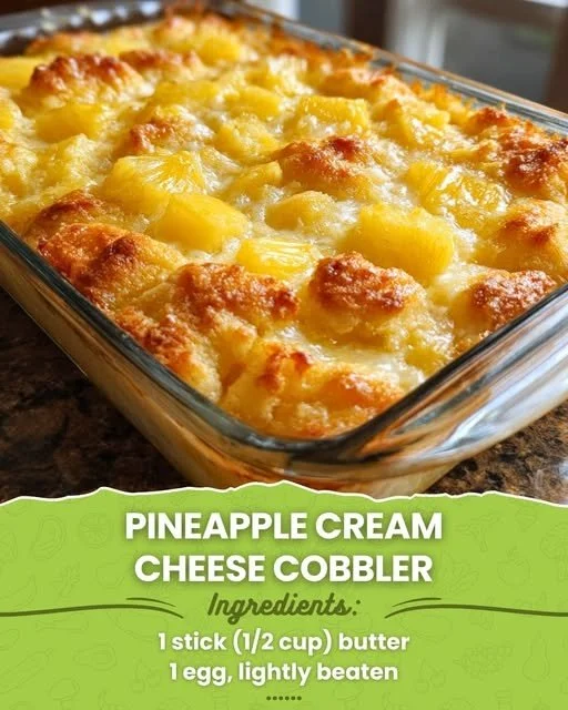 Delicious Pineapple Cream Cheese Cobbler dessert in a serving dish.