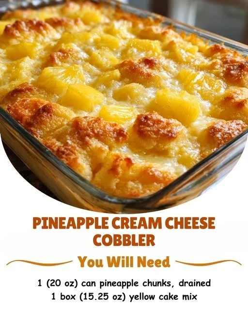 Pineapple Cream Cheese Cobbler served warm with a golden crust and creamy filling