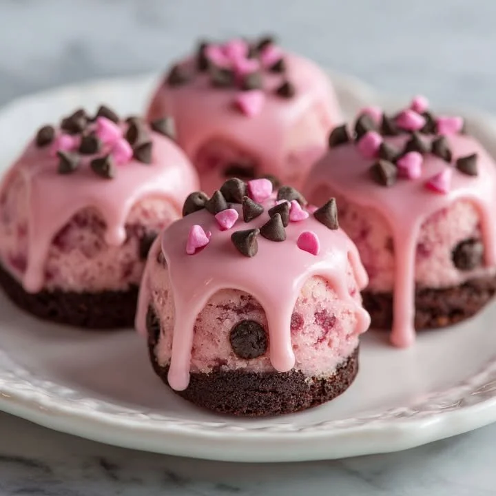 Delicious pink chocolate-chip cookie dough brownie bites ready to enjoy.