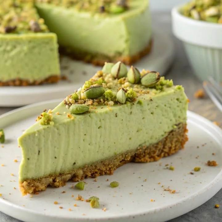 Delicious slice of pistachio cheesecake topped with crushed nuts
