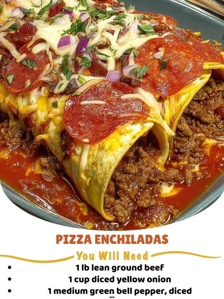 Delicious pizza enchiladas topped with cheese and fresh ingredients.