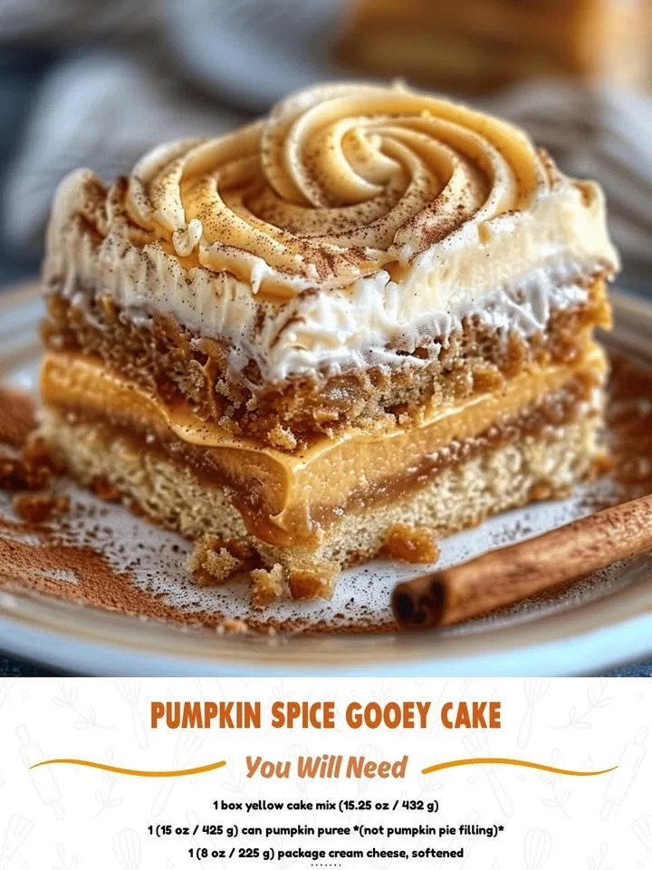 Delicious pumpkin spice gooey cake with warm spices and cream topping
