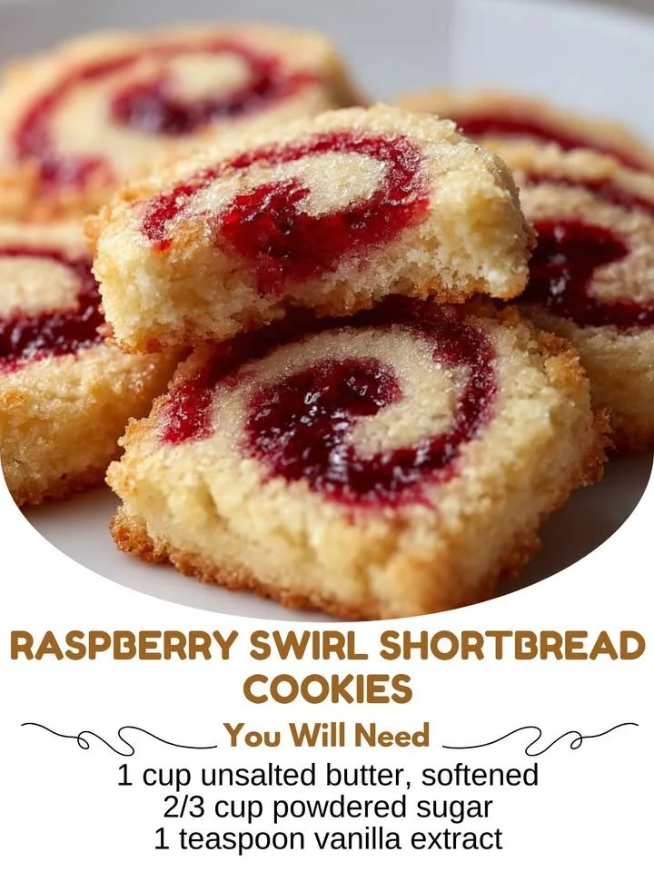 Raspberry Swirl Shortbread Cookies with a buttery texture and fruity swirls
