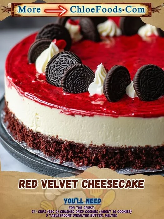 Slice of rich and creamy Red Velvet Cheesecake topped with cream cheese frosting