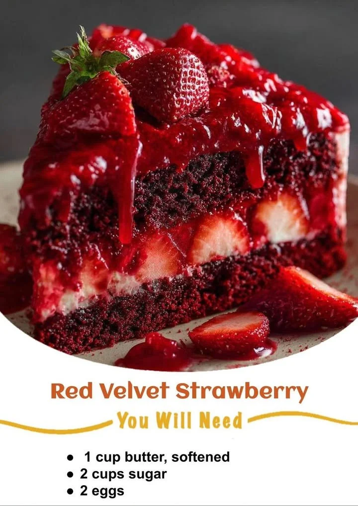 Slice of Red Velvet Strawberry Cake with strawberries and cream cheese frosting