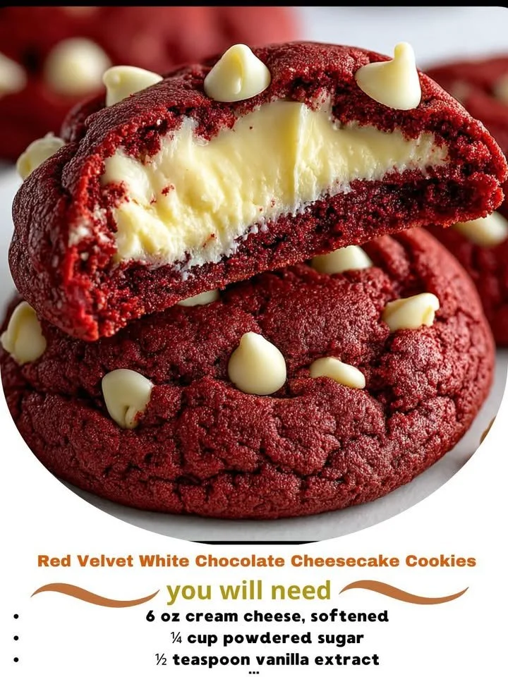 Delicious Red Velvet White Chocolate Cheesecake Cookies on a plate