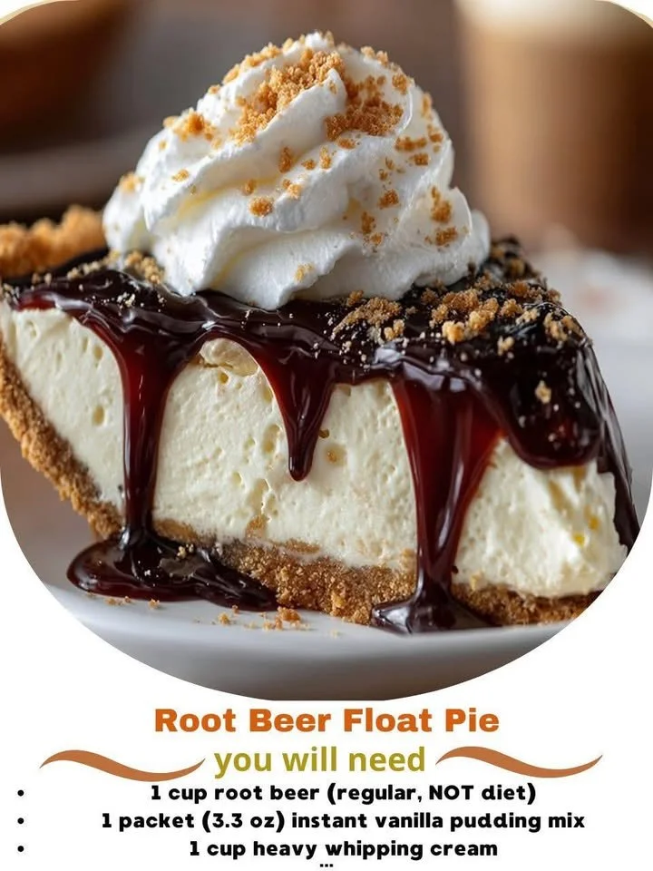 Delicious Root Beer Float Pie topped with whipped cream and root beer flavor