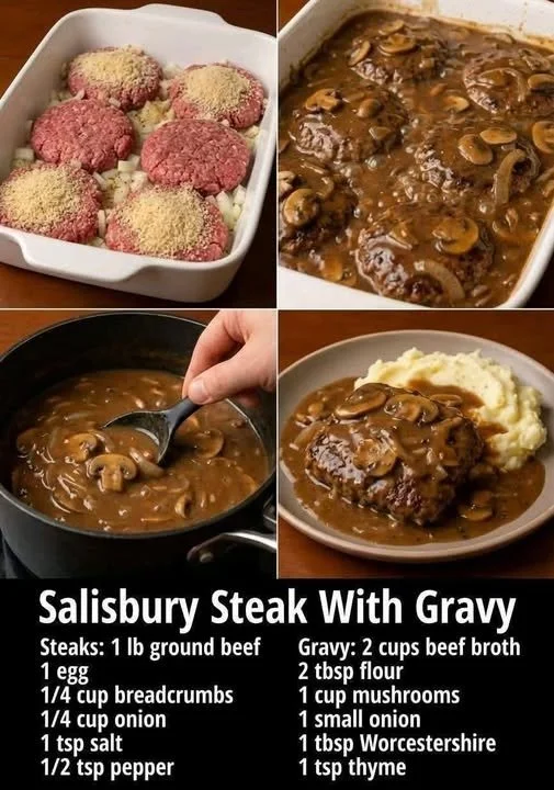 Salisbury steak with luscious onion gravy served on a plate