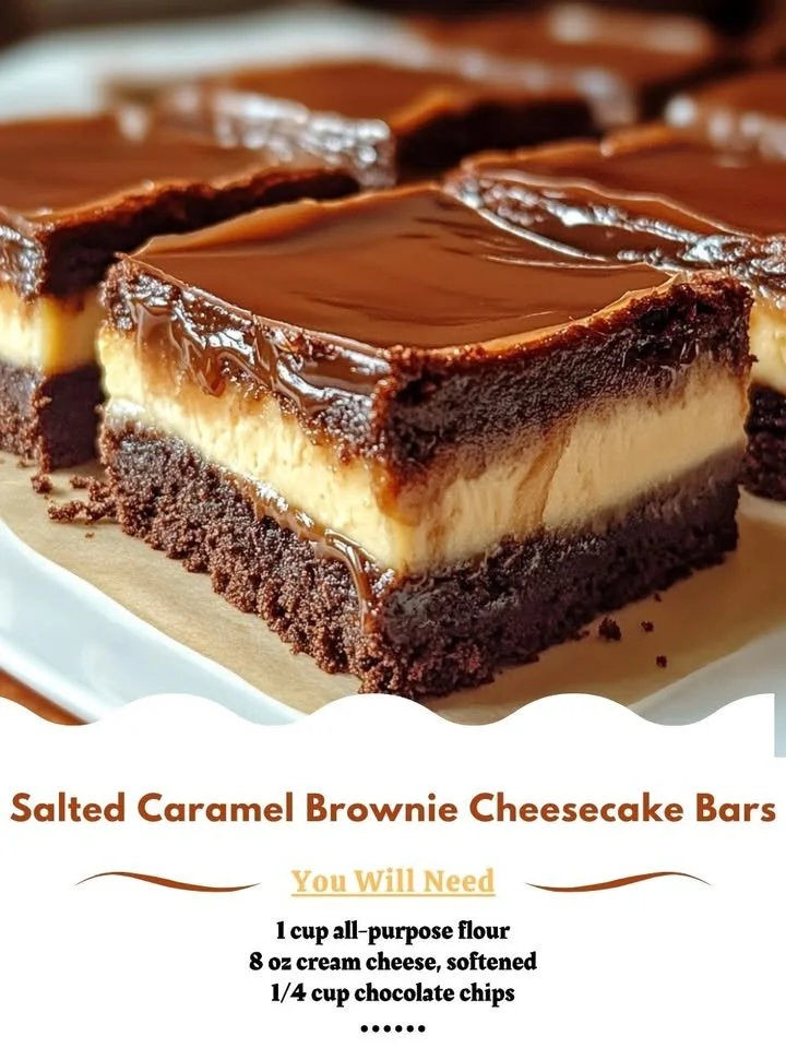 Delicious Salted Caramel Brownie Cheesecake Bars topped with caramel drizzle