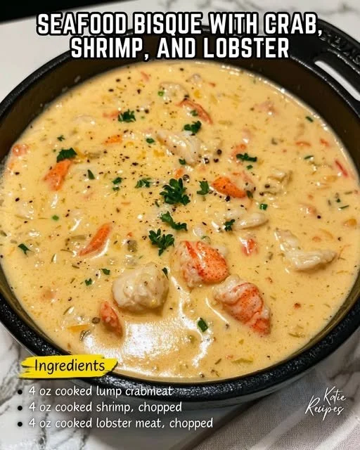 A bowl of creamy seafood bisque with crab, shrimp, and lobster garnished with herbs.