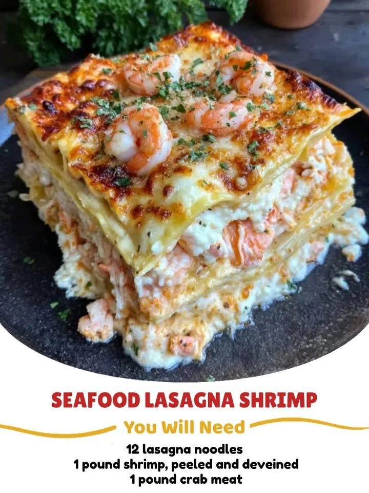 Delicious seafood lasagna with shrimp and crab, served in a creamy sauce.