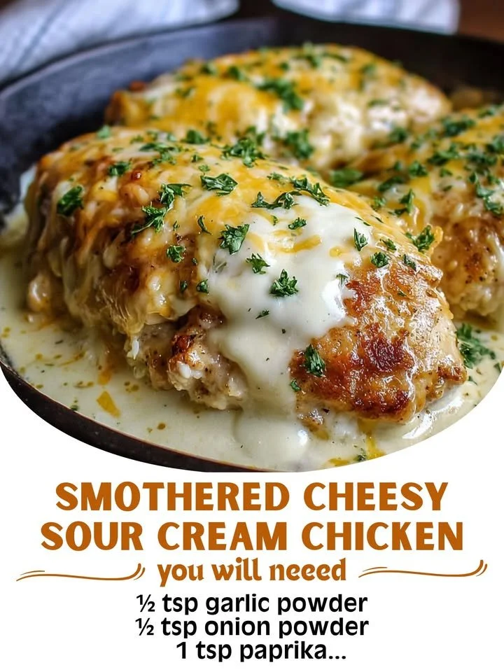 Smothered Cheesy Sour Cream Chicken recipe with creamy sauce and cheese