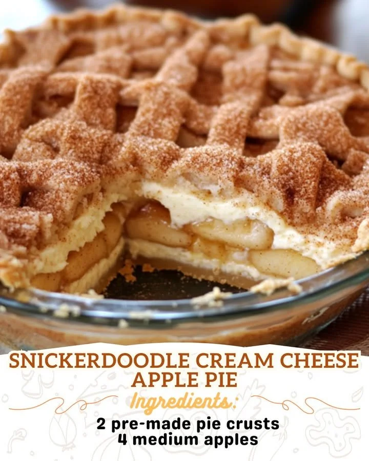 Slice of snickerdoodle cream cheese apple pie topped with cinnamon