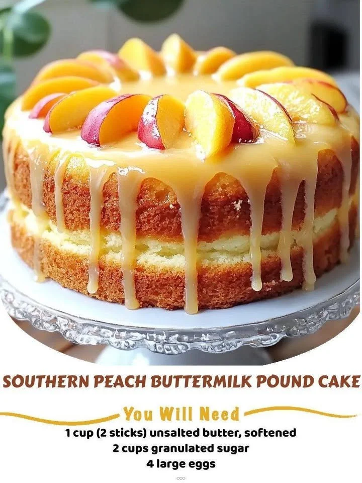 Slice of Southern Peach Buttermilk Pound Cake topped with fresh peaches