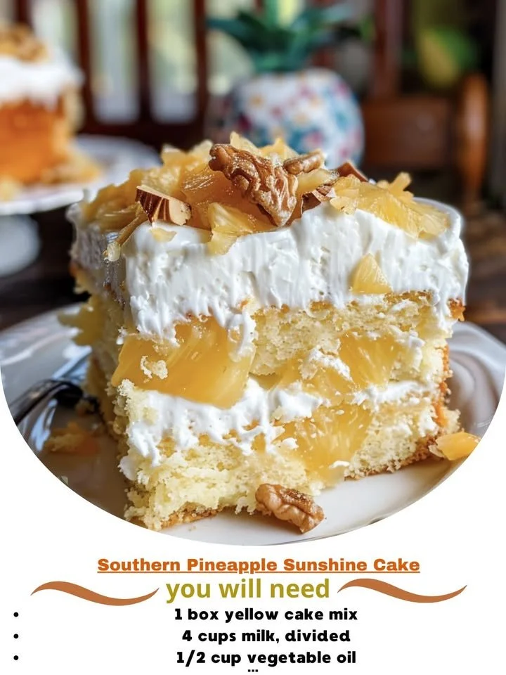 Southern Pineapple Sunshine Cake topped with pineapple and whipped cream