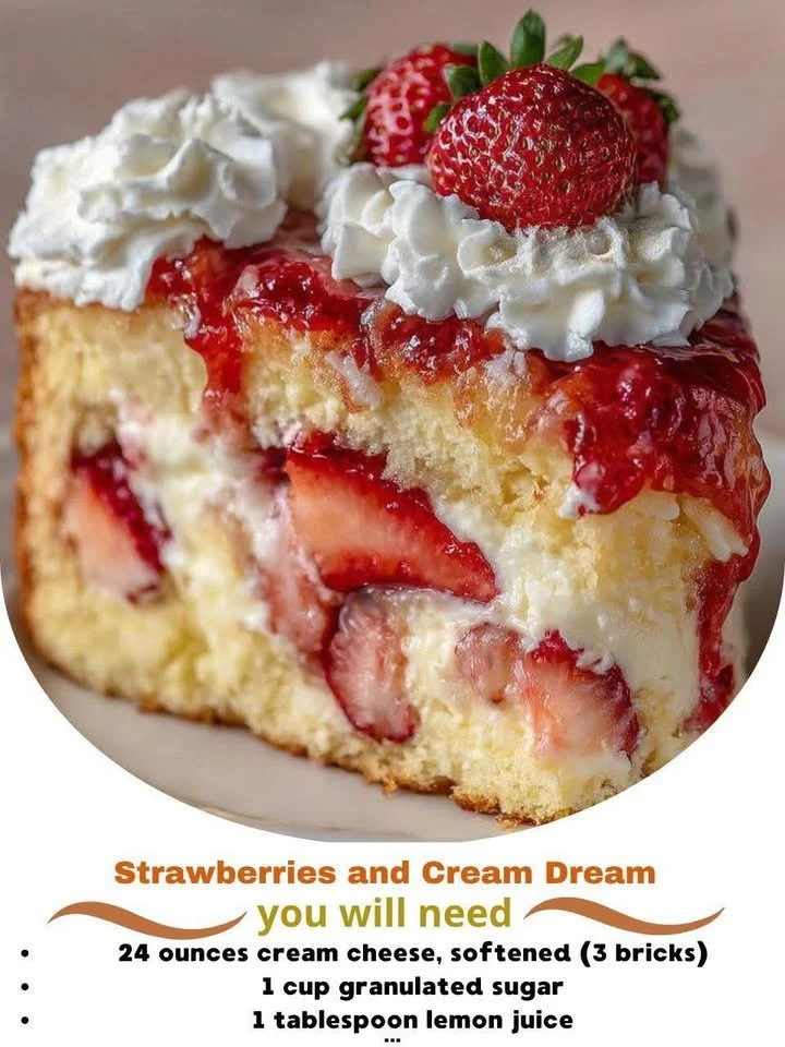 Strawberries and Cream Dream Layer Cheesecake Cake topped with fresh strawberries