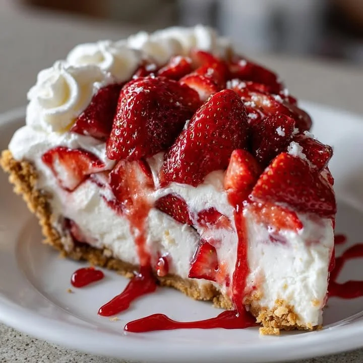 Delicious Strawberries and Cream Pie topped with fresh strawberries and whipped cream