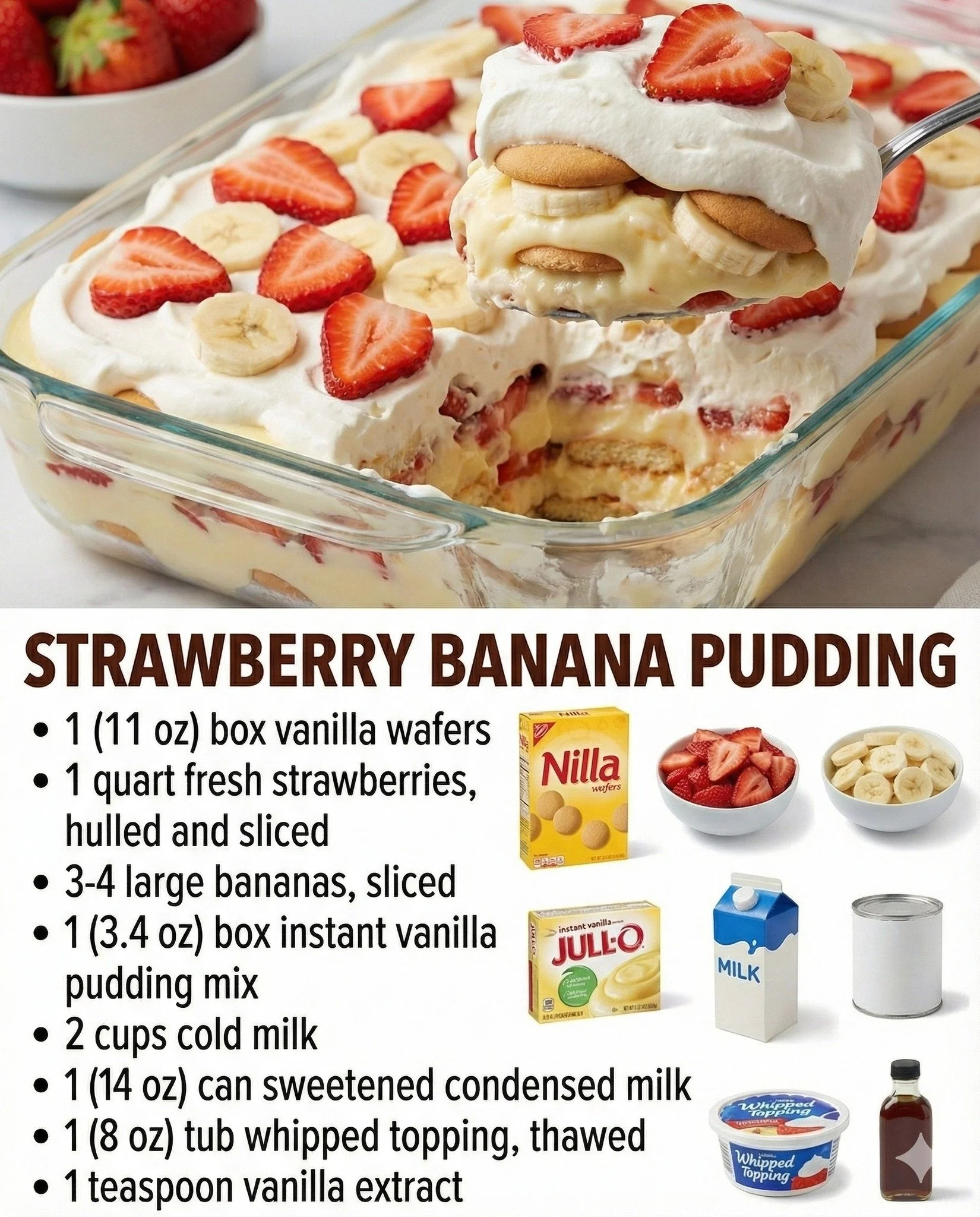 Delicious strawberry banana pudding dessert served in a glass bowl