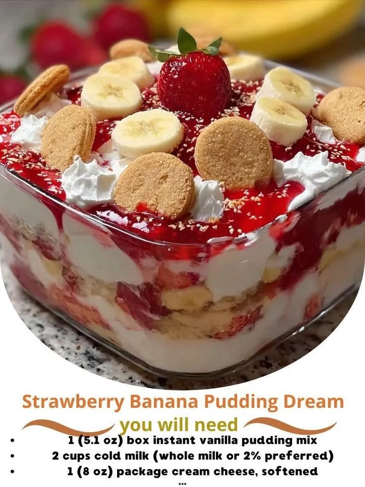 Delicious strawberry banana pudding with fresh strawberries and bananas