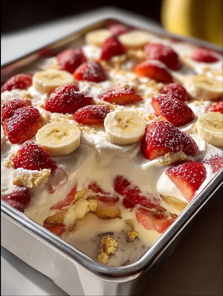 Delicious strawberry banana pudding layered with fresh strawberries and bananas
