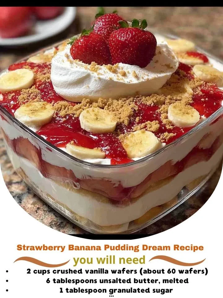 Delicious strawberry banana pudding served in a glass with fresh strawberries.