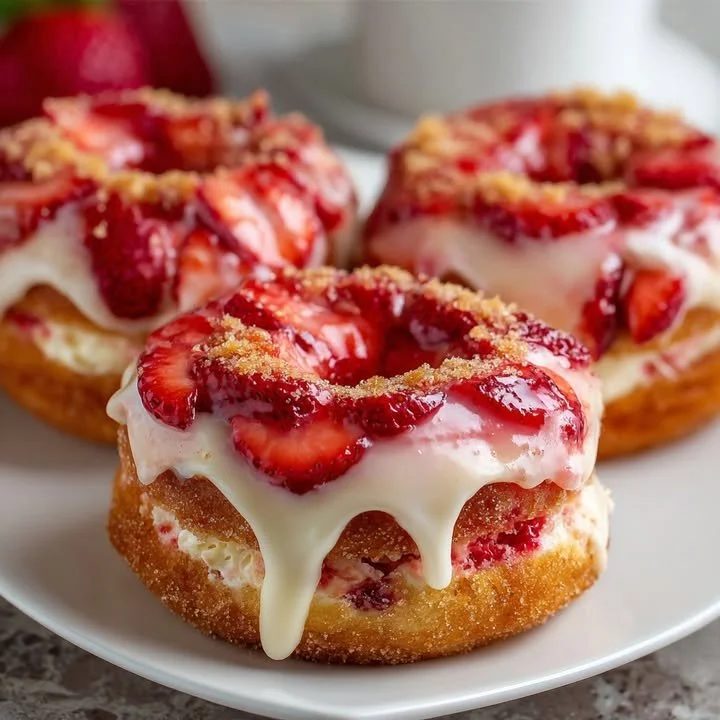 Freshly baked strawberry cheesecake donuts topped with strawberry glaze