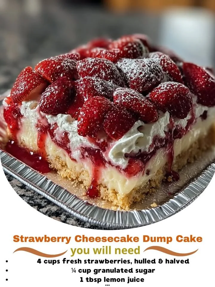 Delicious Strawberry Cheesecake Dump Cake with fresh strawberries and creamy layers.