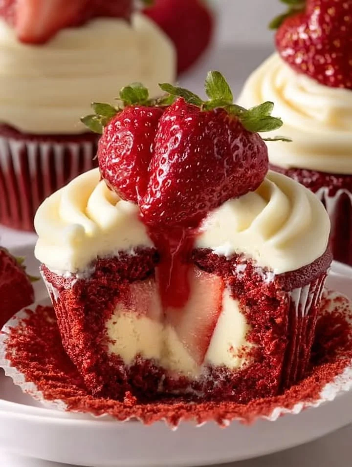 Strawberry cheesecake red velvet cupcakes topped with fresh strawberries.