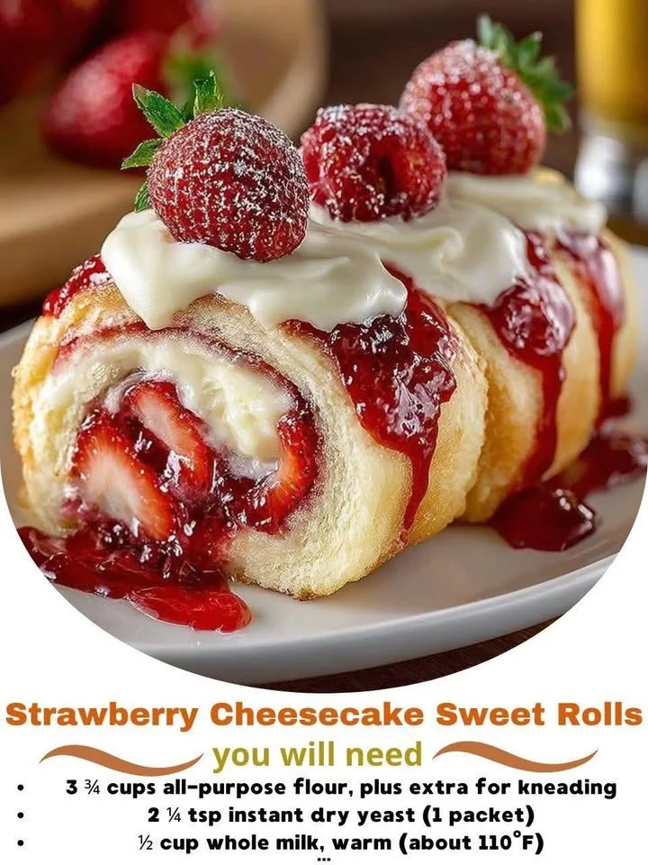 Freshly baked strawberry cheesecake sweet rolls with cream cheese frosting.