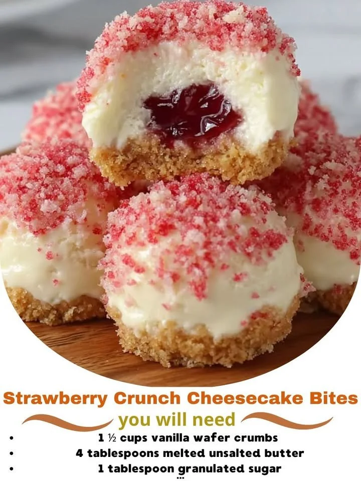 Strawberry Crunch Cheesecake Bites served on a plate, delicious dessert treat.