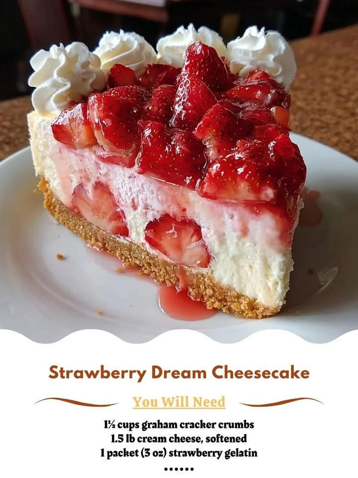 Slice of Strawberry Dream Cheesecake topped with fresh strawberries