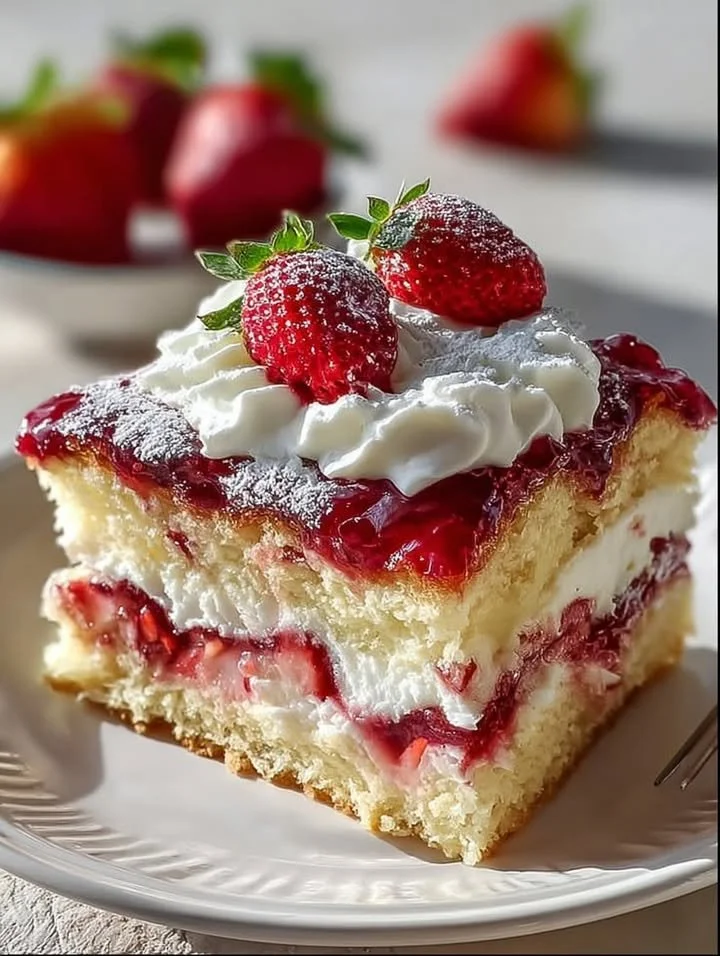 Strawberry Earthquake Cake with chocolate drizzle and strawberries on top