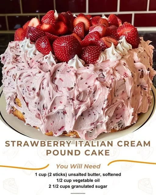 Slice of Strawberry Italian Cream Pound Cake with fresh strawberries