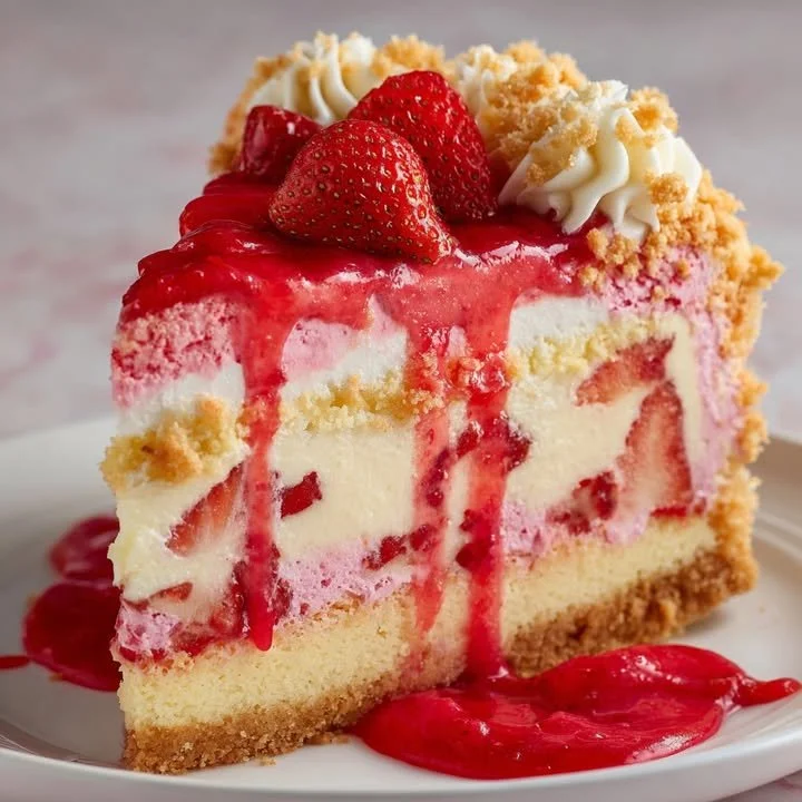 Delicious strawberry shortcake cheesecake bars topped with fresh strawberries.