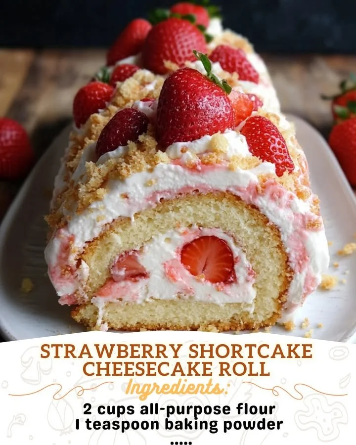 Strawberry Shortcake Cheesecake Roll featuring fresh strawberries and creamy cheesecake