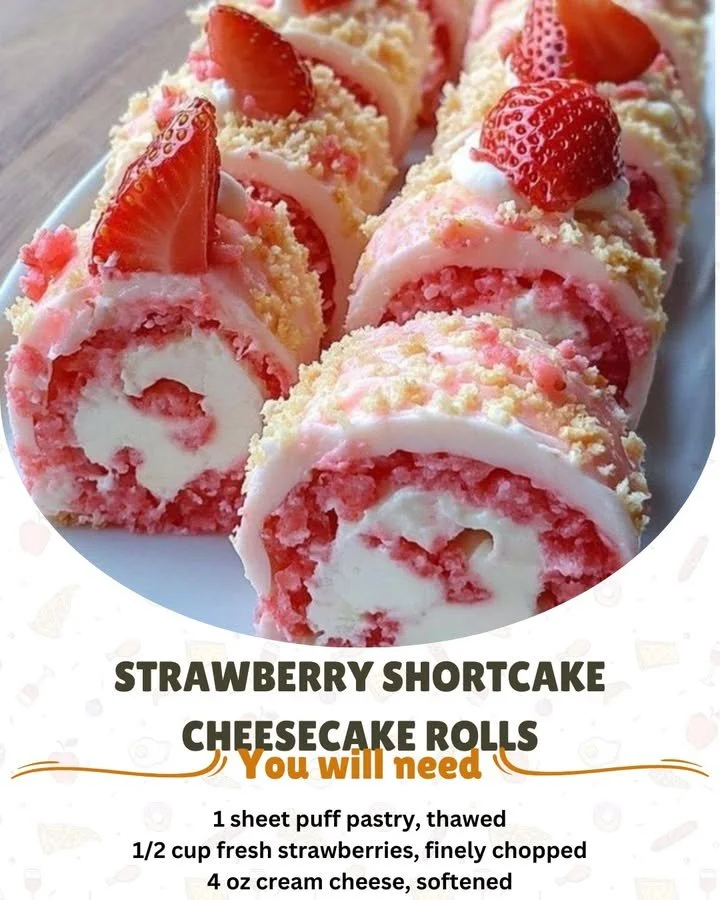 Delicious strawberry shortcake cheesecake rolls with fresh strawberries
