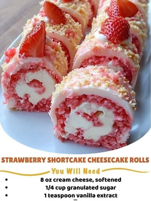 Delicious strawberry shortcake cheesecake rolls on a plate