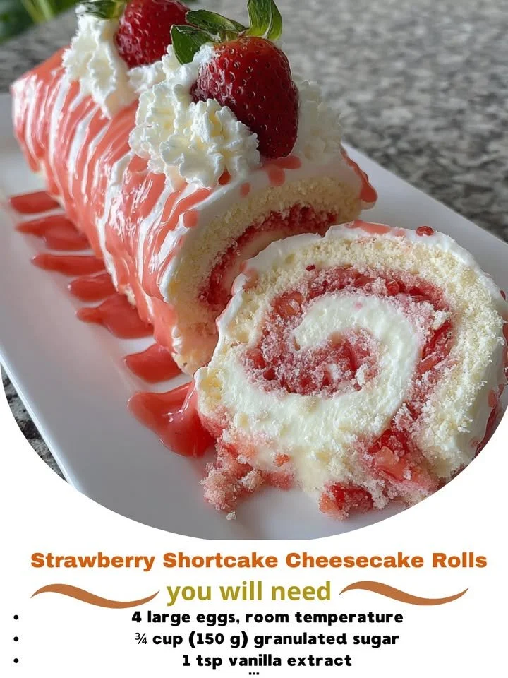 Strawberry shortcake cheesecake rolls on a plate garnished with fresh strawberries
