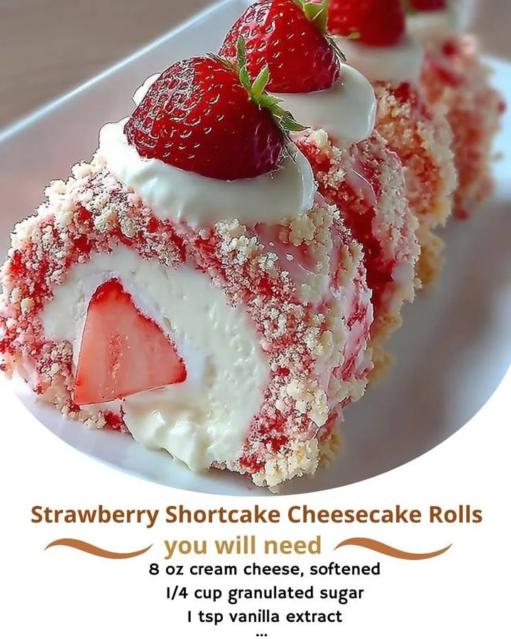 Delicious strawberry shortcake cheesecake rolls on a white plate