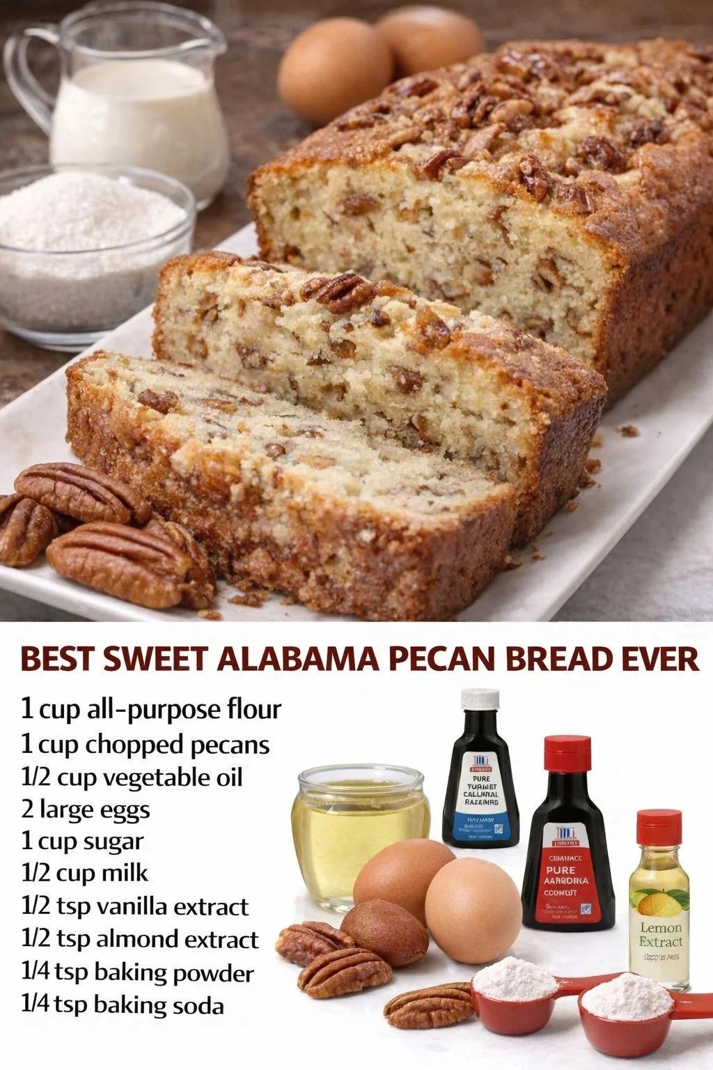 Loaf of Sweet Alabama Pecan Bread with crunchy pecans on a wooden table