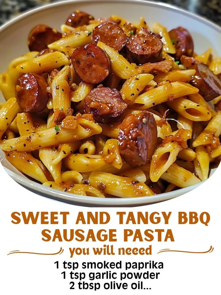 Delicious Sweet and Tangy BBQ Sausage Pasta served on a plate with herbs.