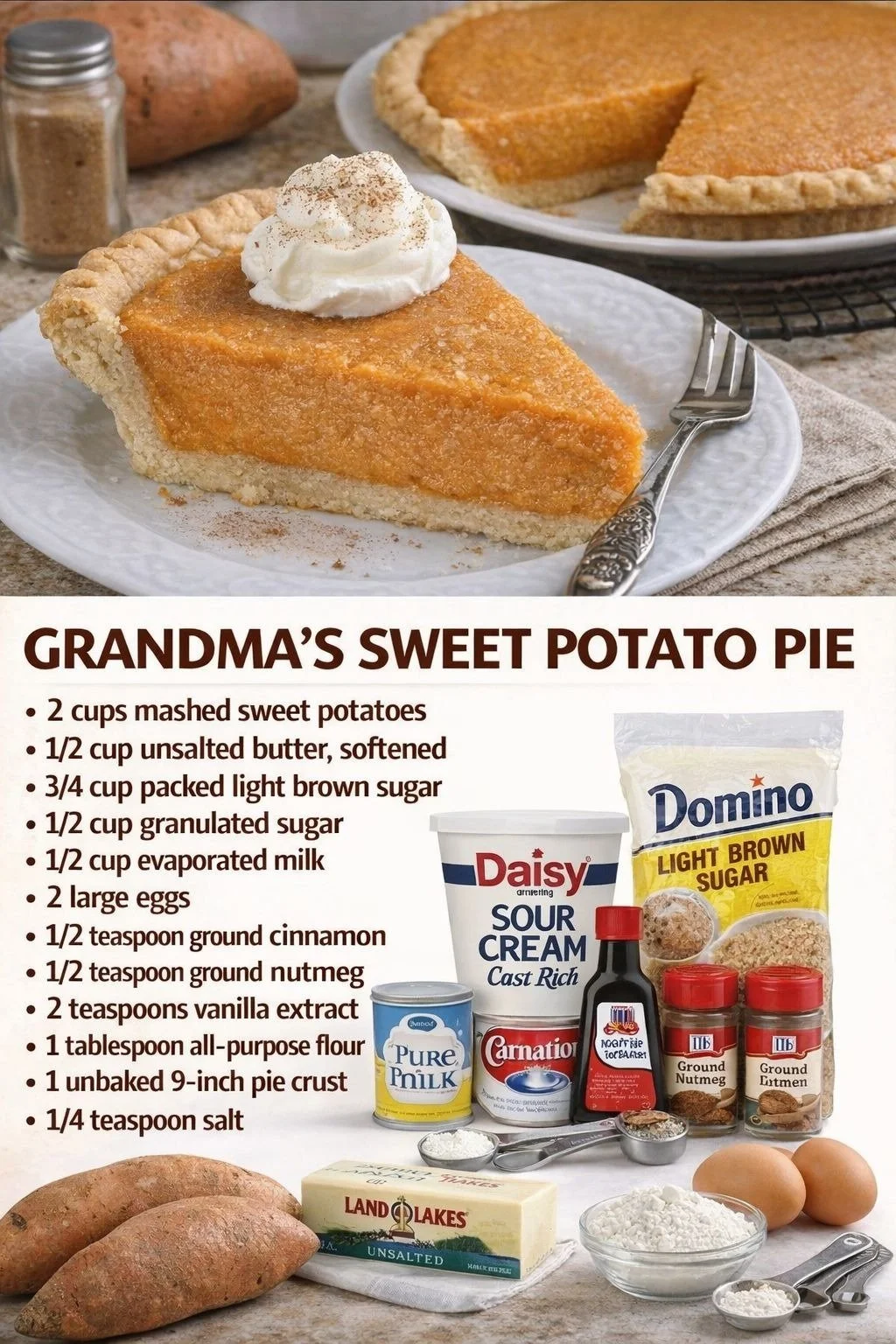 Deliciously baked Sweet Potato Pie topped with whipped cream