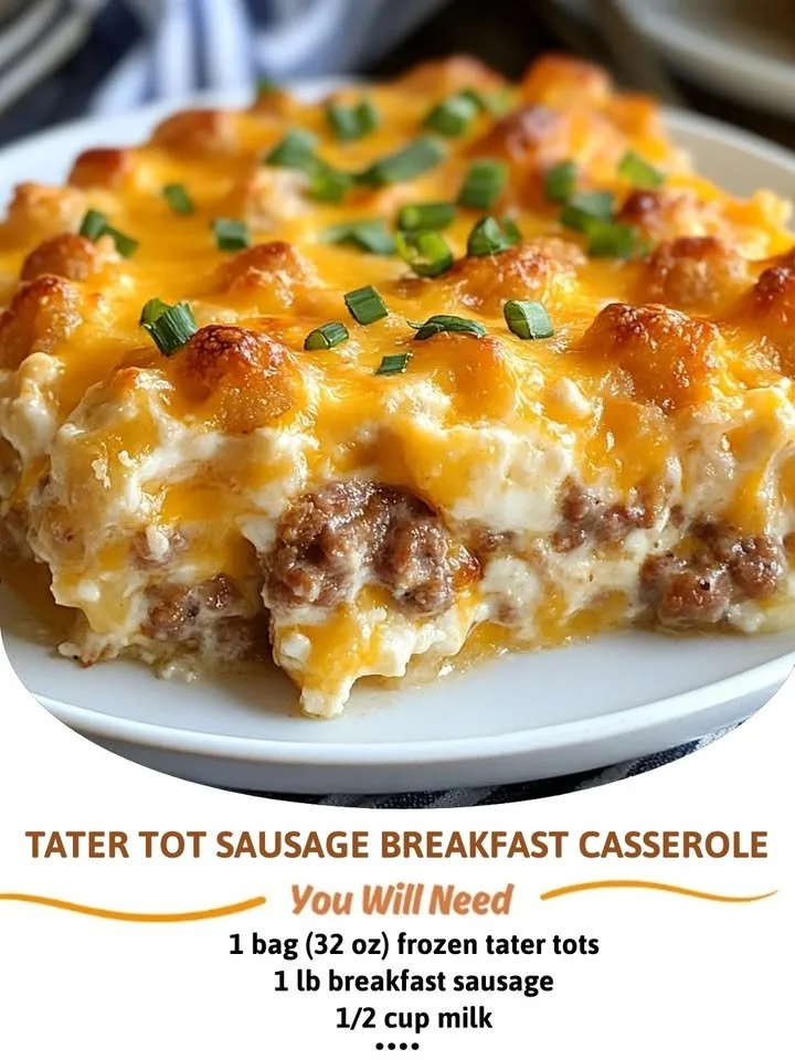 Tater Tot Sausage Breakfast Casserole dish served hot