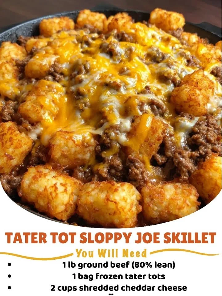 Tater Tot Sloppy Joe Skillet topped with cheese and herbs