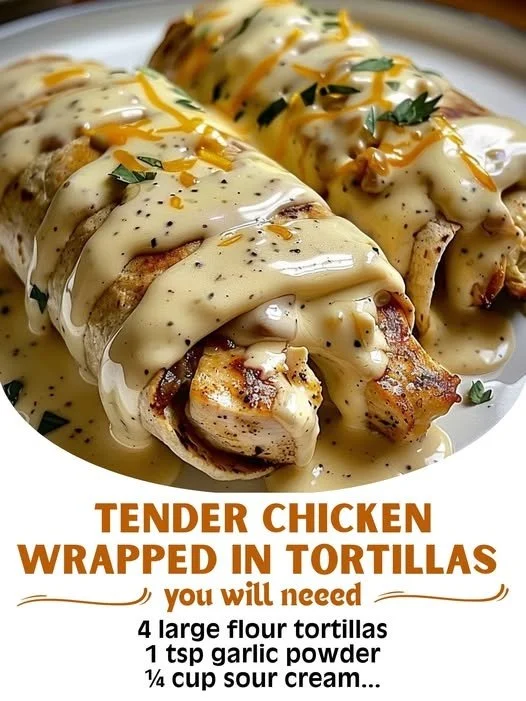 Tender chicken wrapped in tortillas with creamy cheese sauce