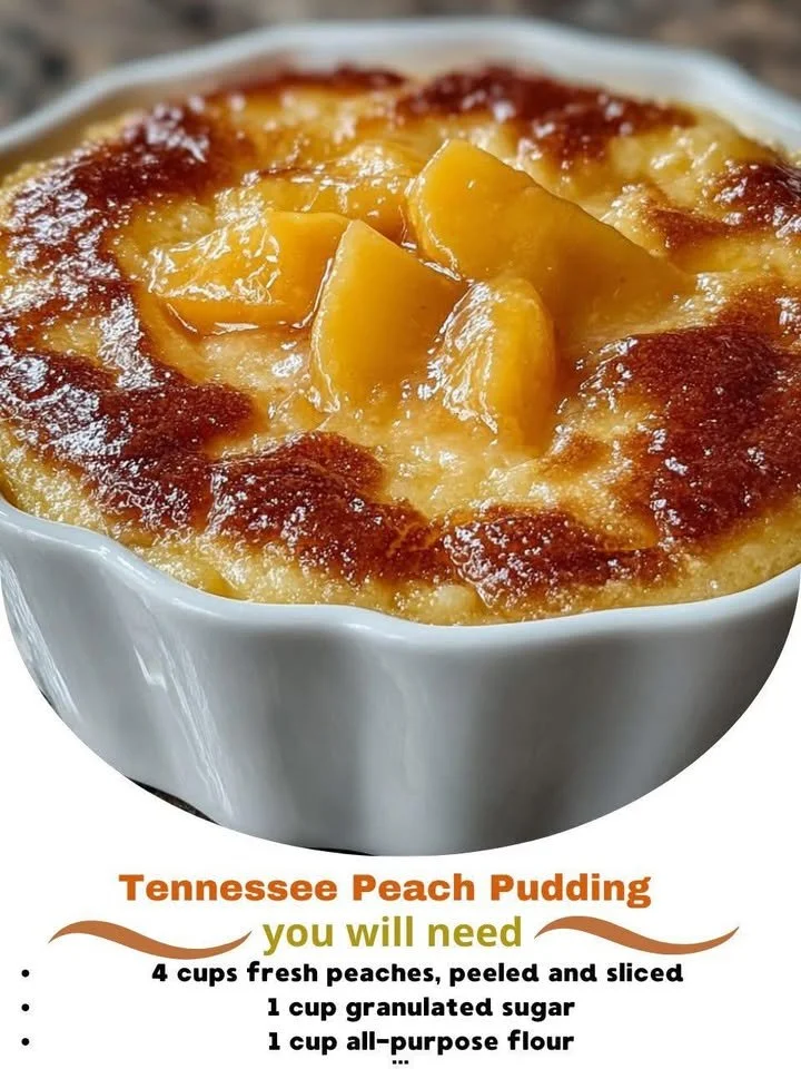 Delicious Tennessee Peach Pudding dessert served in a bowl