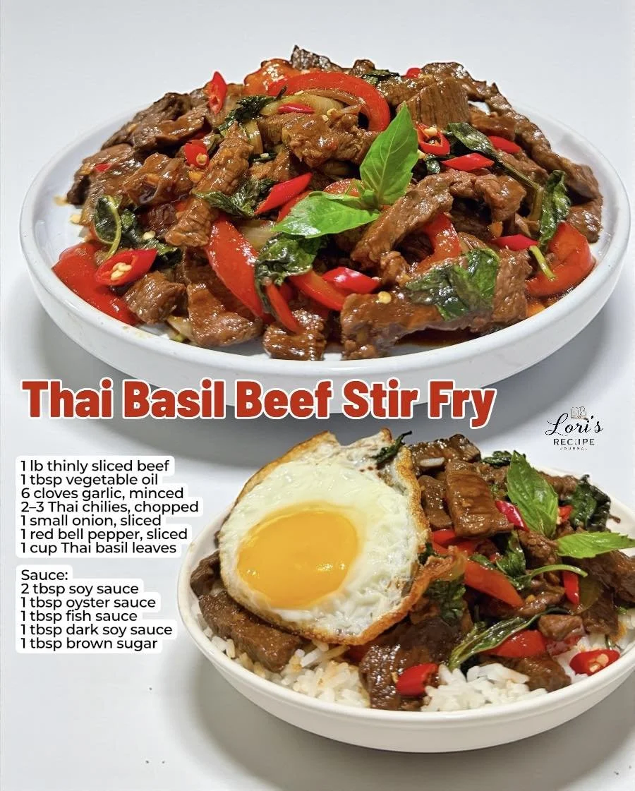Plate of Thai Basil Beef Stir Fry with vibrant vegetables and fresh basil