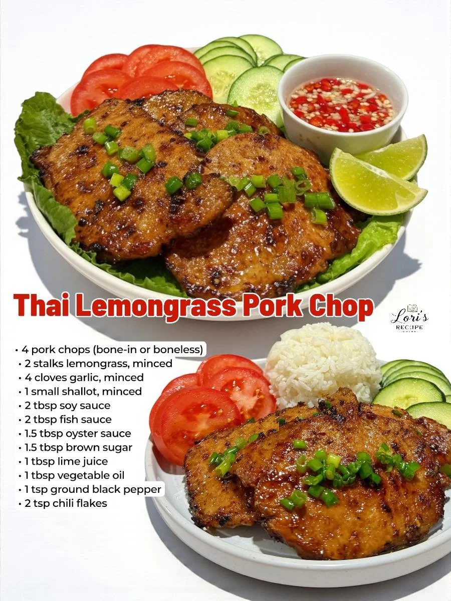 Thai Lemongrass Pork Chop served with fresh herbs and spices
