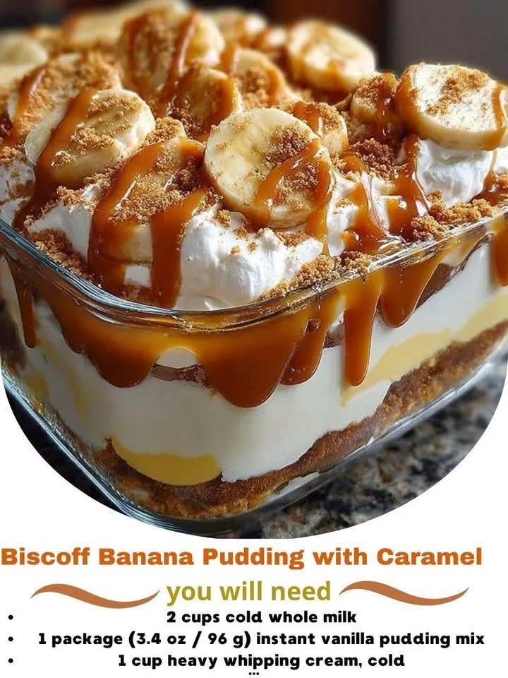 Delicious Biscoff banana pudding layered with caramel and topped with cookie crumbles